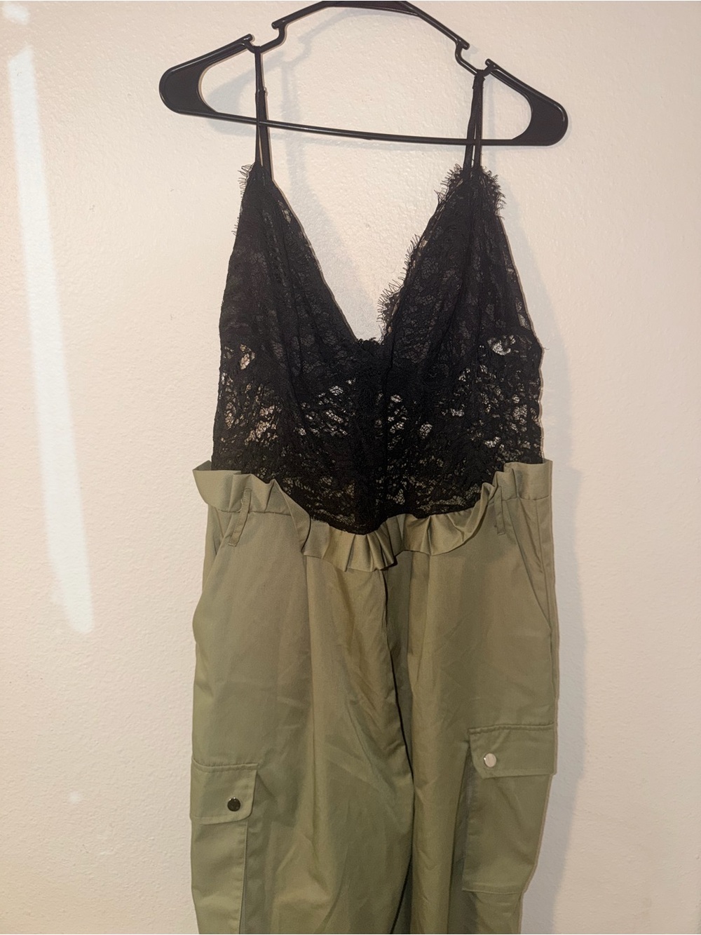 Fashion Nova Black Lace & Olive Green Cargo Jumpsuit